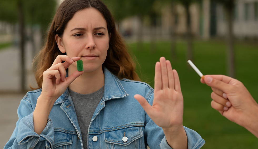 Woman holding a green gummy while refusing a cigarette outdoors, symbolizing a healthier alternative to smoking