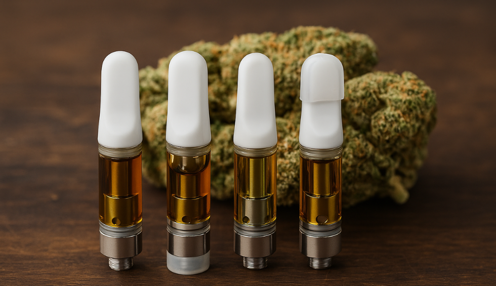 Four live resin vape cartridges with golden oil placed in front of cannabis buds on a wooden surface