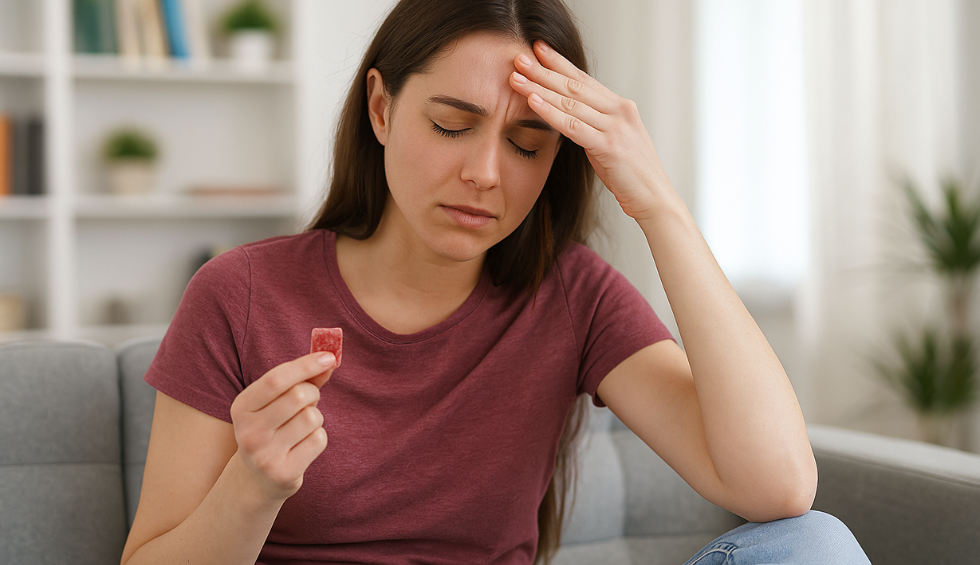 Woman holding a gummy candy while touching her forehead, appearing to feel discomfort or a headache