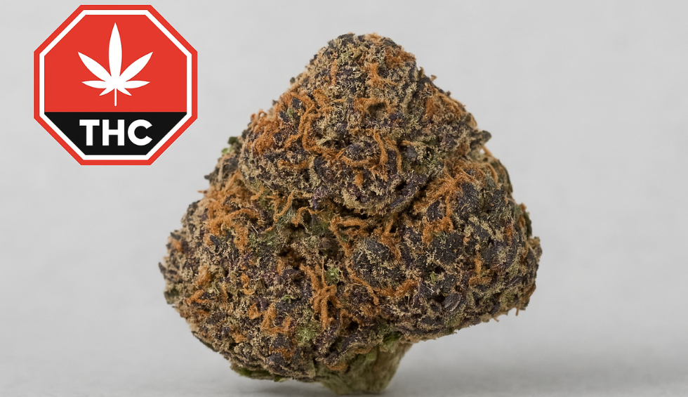 Purple Gas Mask strain bud with THC warning label, highlighting its high THC content and potency