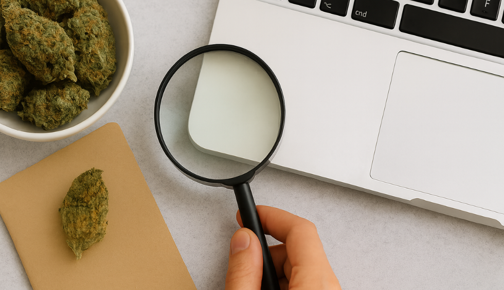 Hand holding magnifying glass near laptop with cannabis buds, symbolizing search for a trusted online pot shop in Canada
