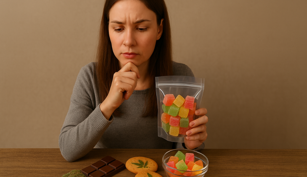 Woman deciding between colorful cannabis gummies, cookies, chocolate, and other edibles on a wooden table
