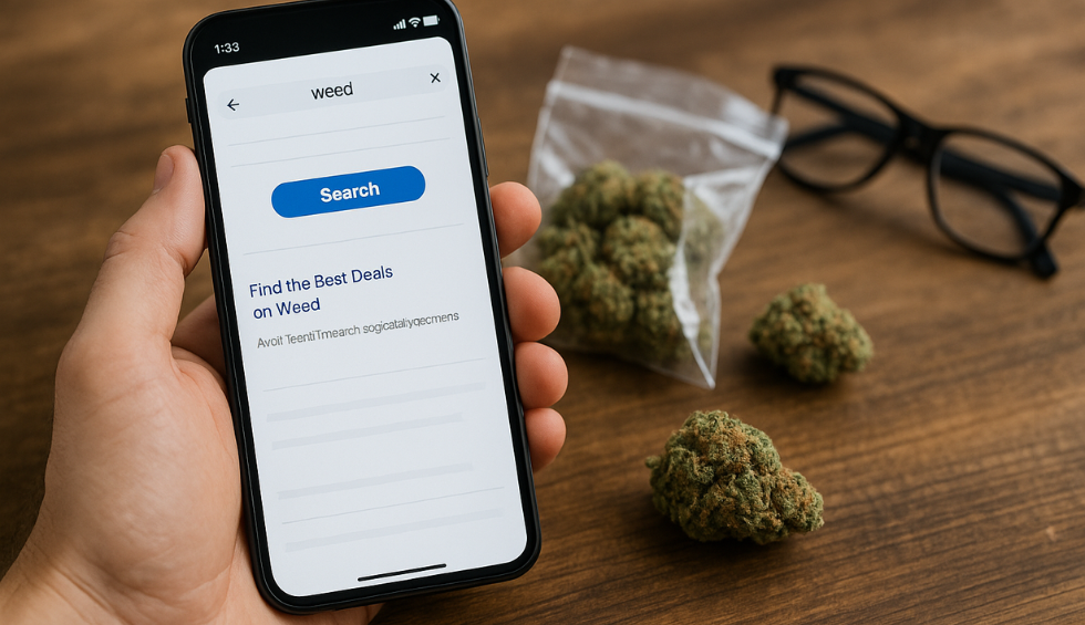 Hand holding a smartphone showing a weed deals search, with cannabis buds and a plastic bag on a wooden table in the background
