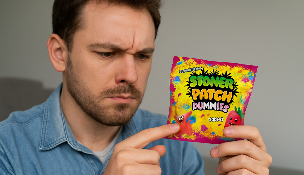 Man closely examining a package of Stoner Patch Dummies, checking details to identify genuine Stoner Patch Gummies