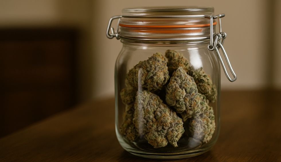 Glass jar filled with Rainbow Sherbet cannabis buds stored on a wooden table in a sealed container