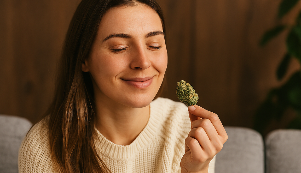 Woman smiling while holding Ice Cream Cake cannabis bud, showing relaxing effects of the strain