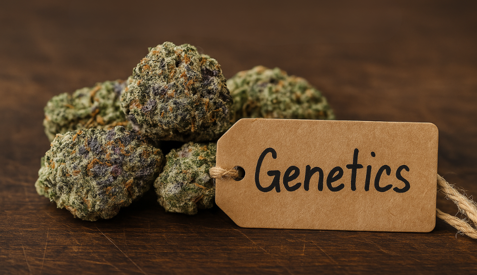 Ice Cream Cake cannabis buds with a tag labeled genetics on a wooden surface