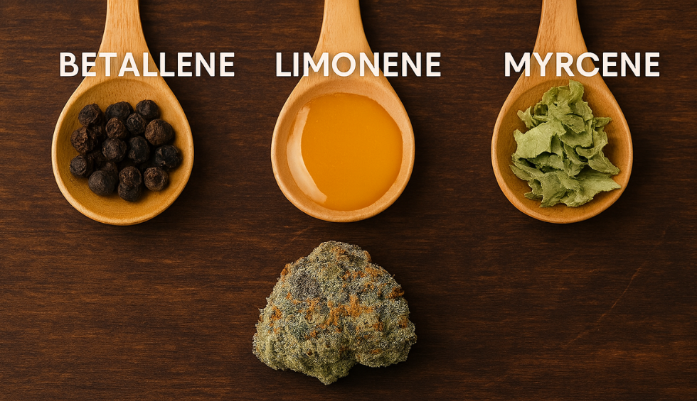 Ice Cream Cake strain terpenes: betallene, limonene, and myrcene shown with cannabis bud