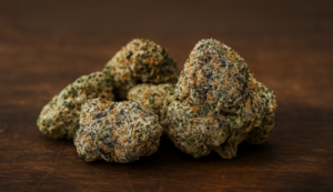 Close-up of Ice Cream Cake strain buds with frosty trichomes, ideal for evening chill and relaxation