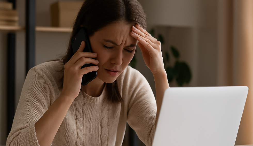 Frustrated woman holding her head while talking on the phone, sitting in front of a laptop, representing poor customer support