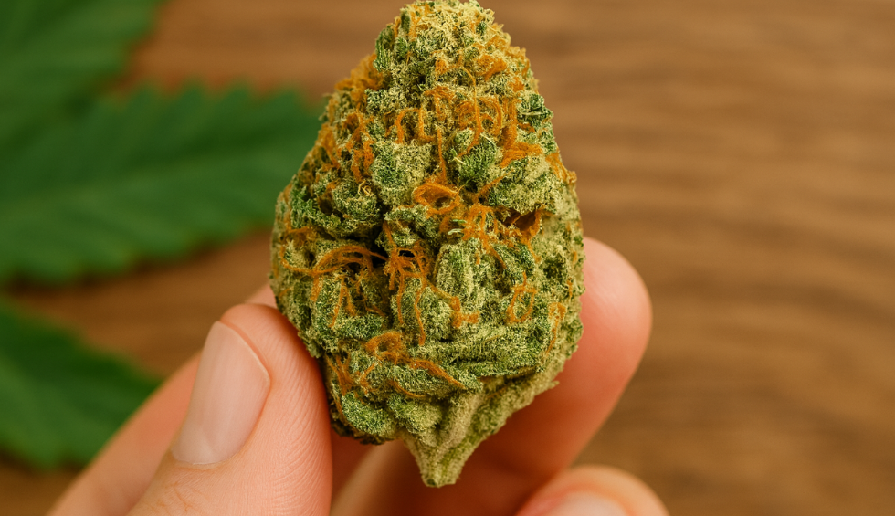 Hand holding a Nuken strain cannabis bud with vibrant orange hairs, green leaves, and a blurred leaf background