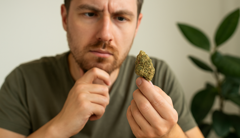 Man examining a cannabis bud closely, questioning if the Platinum Rockstar Strain lives up to its reputation