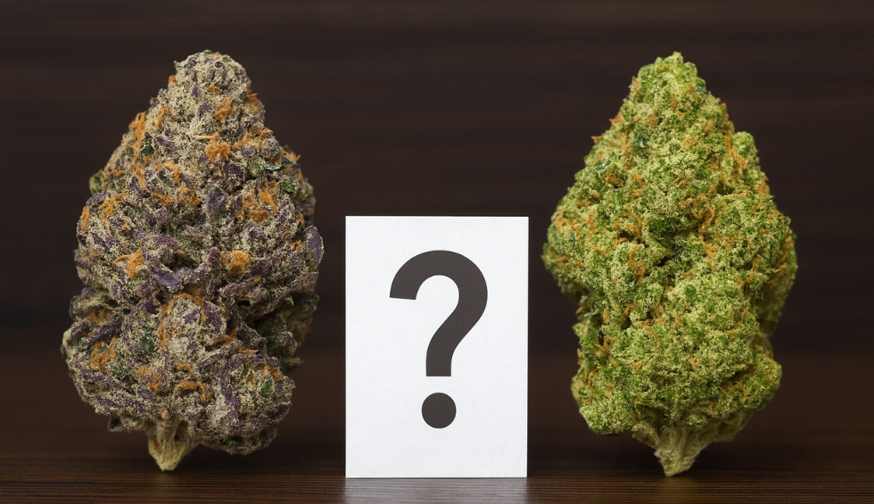 Side-by-side cannabis buds with a question mark card, comparing strains to determine if Purple Gas Mask is Indica or Sativa