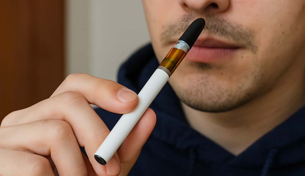 Close-up of a person holding a white disposable vape pen near their mouth, highlighting its discreet design