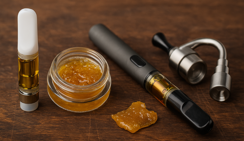 Live resin vape pen, cartridge, and concentrate compared to other weed vapes on wooden surface