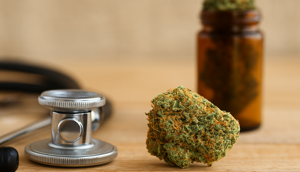 Strawberry Cough strain bud with stethoscope and jar, symbolizing potential medical benefits and therapeutic uses