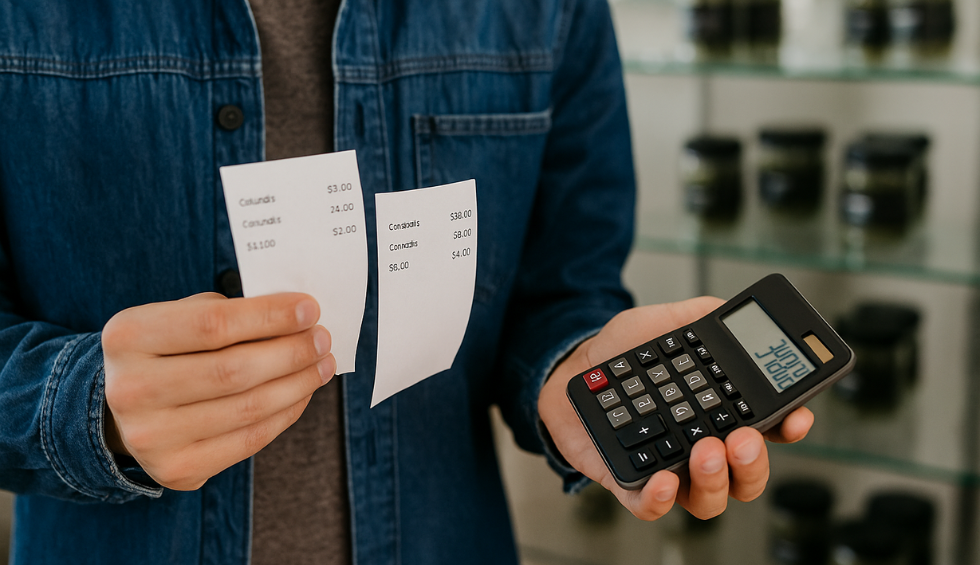 Person holding two receipts and a calculator, illustrating the importance of comparing prices before buying cannabis