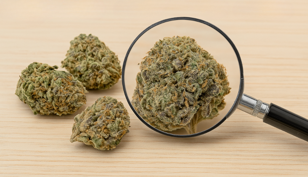 Nuken cannabis buds, with one magnified under a glass to highlight trichomes, showing THC level and potency