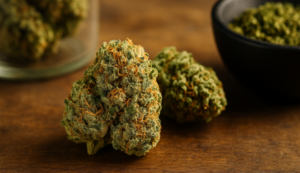 Dense Nuken strain cannabis buds with green and orange hairs, showcasing its potent Canadian indica quality