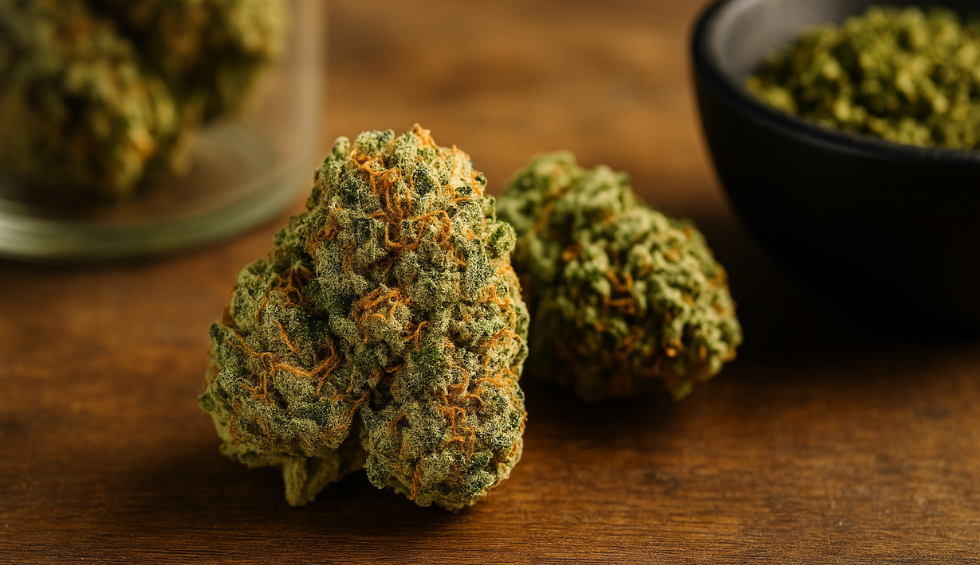 Dense Nuken strain cannabis buds with green and orange hairs, showcasing its potent Canadian indica quality