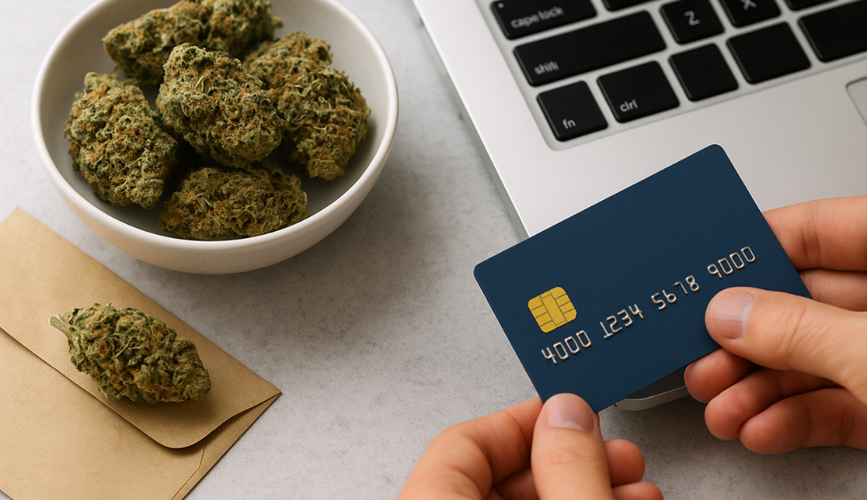 Person holding credit card near laptop with bowl of cannabis buds, ready to order pot online in Canada