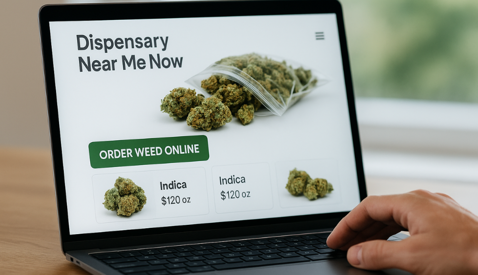 Person using laptop to browse DispensaryNearMeNow website and order weed online