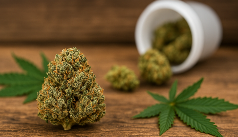 Platinum Rockstar strain cannabis bud with green leaves and blurred jar in the background
