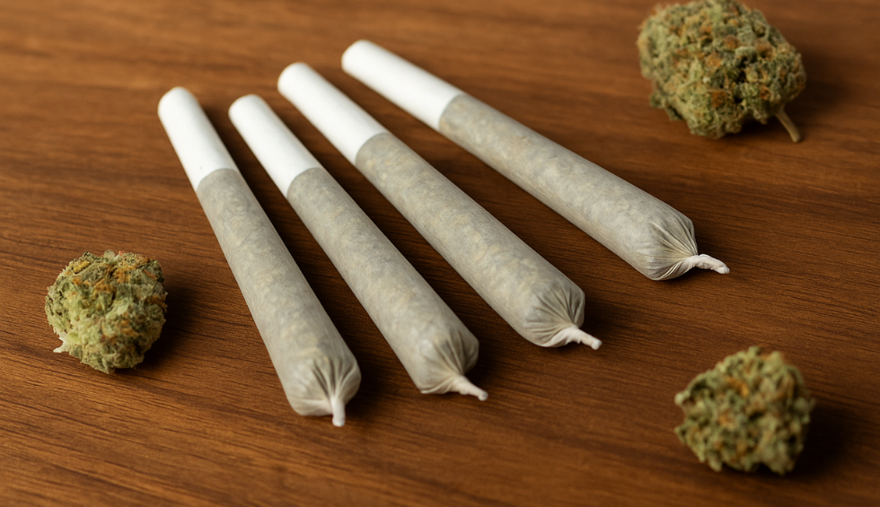 Four pre-rolled cannabis joints arranged on a wooden surface with cannabis buds scattered around