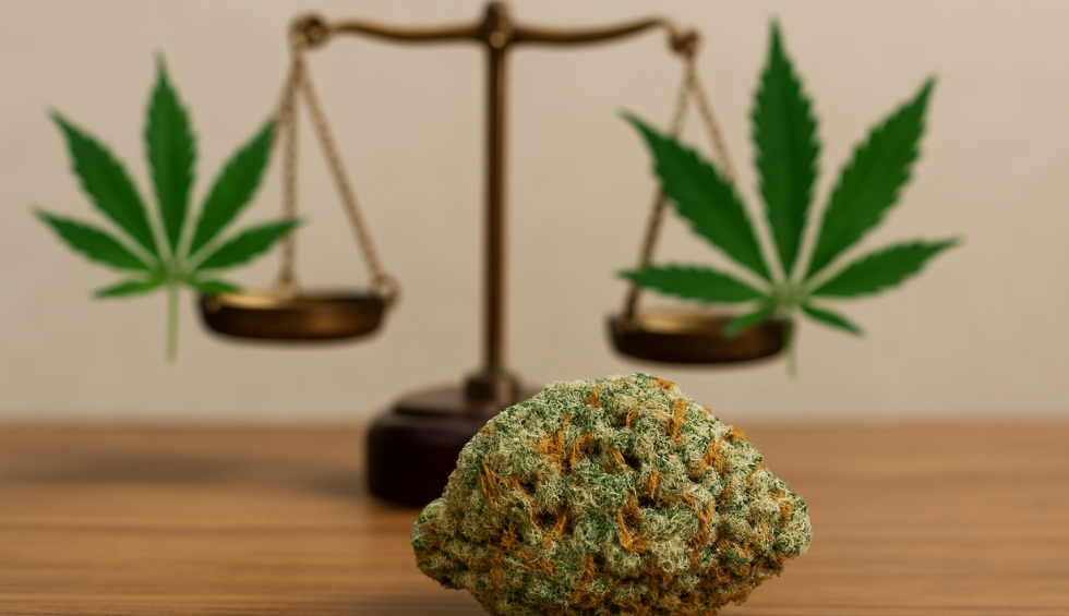 Cannabis bud in front of balanced scales with cannabis leaves, symbolizing Platinum Rockstar strain’s indica-sativa balance