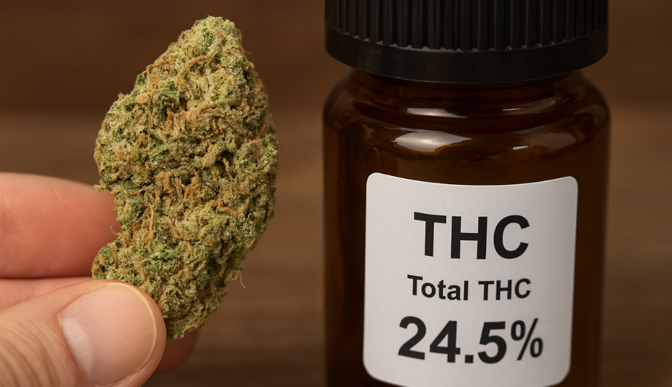 Close-up of a cannabis bud held beside a brown bottle labeled "THC Total THC 24.5%"