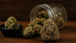 Close-up of dense Platinum Rockstar strain buds with earthy green and orange hues, displayed in a bowl and jar