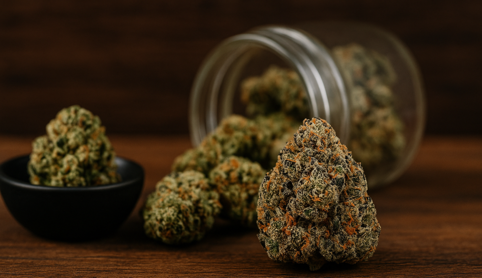 Close-up of dense Platinum Rockstar strain buds with earthy green and orange hues, displayed in a bowl and jar