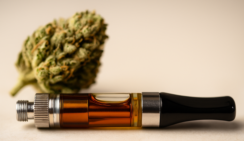 Cannabis vape cartridge filled with golden oil, with a cannabis bud in the background, symbolizing potency