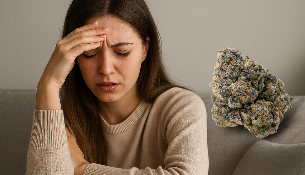 Woman holding head with discomfort beside Ice Cream Cake weed bud, showing potential side effects