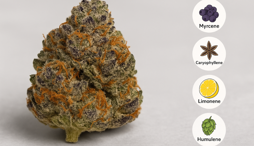 Purple Gas Mask strain bud with icons showing its key terpenes: Myrcene, Caryophyllene, Limonene, and Humulene