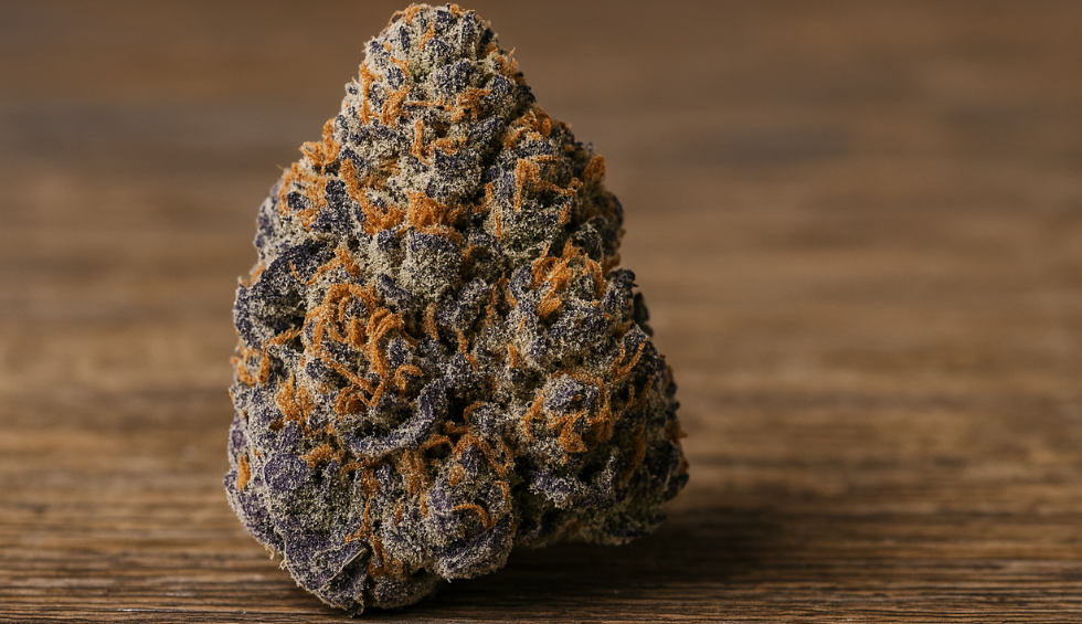 Close-up of dense Purple Gas Mask strain bud, showing deep purple hues, orange hairs, and heavy trichome coverage