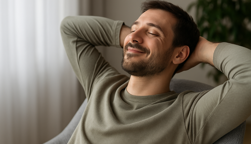 Man relaxing in a chair with a peaceful smile, representing the calming and uplifting effects of the Rainbow Sherbet strain
