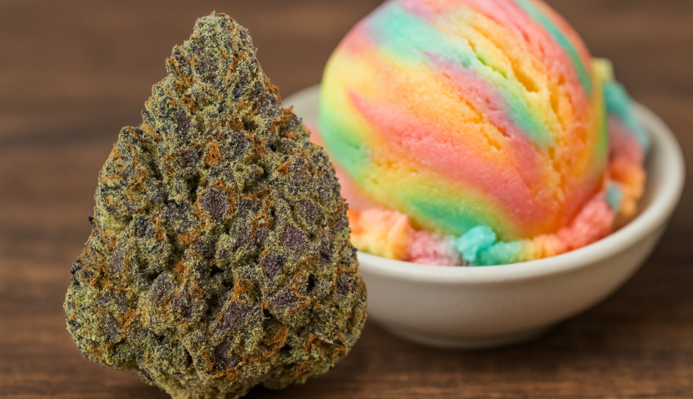 Rainbow Sherbet strain nug placed beside a bowl of colorful rainbow sherbet ice cream, symbolizing its genetic lineage