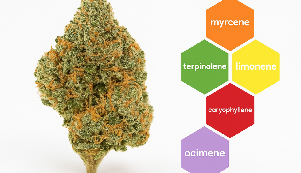 Cannabis bud with colorful terpene chart highlighting myrcene, limonene, caryophyllene, terpinolene, and ocimene