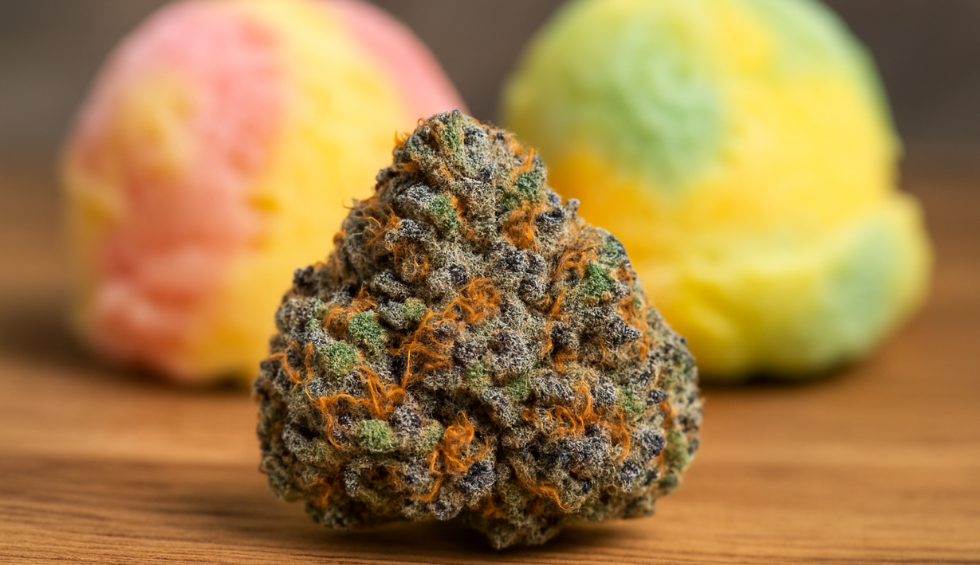 Rainbow Sherbet strain with vibrant trichomes, placed in front of colorful sherbet scoops