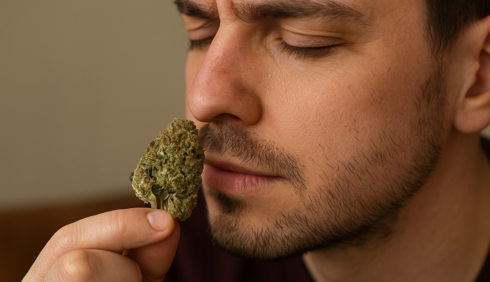 Man smelling a Rainbow Sherbet cannabis bud, capturing its aroma and appearance