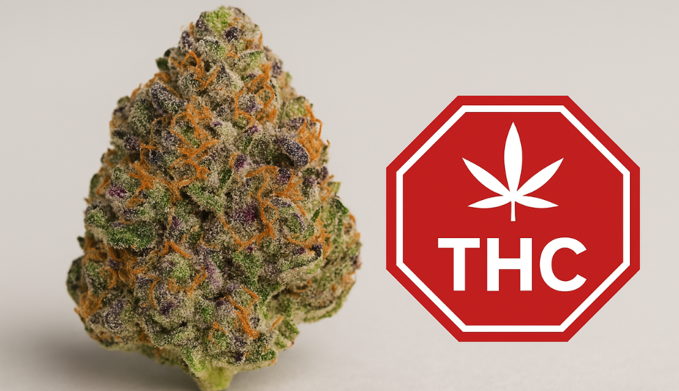 Rainbow Sherbet strain flower beside a red THC warning symbol, highlighting its high THC content