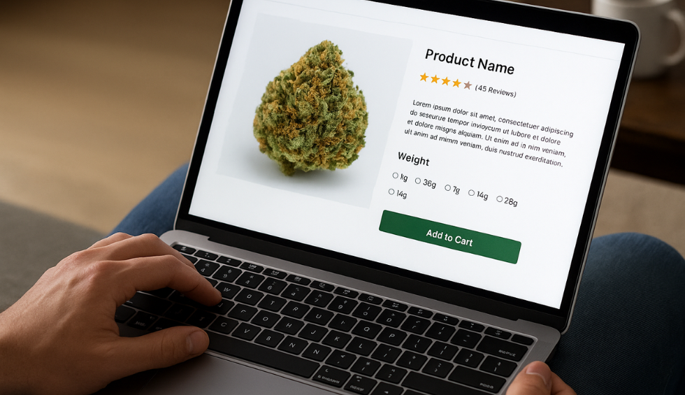 Person viewing cannabis product details and selecting weight options on an online store page