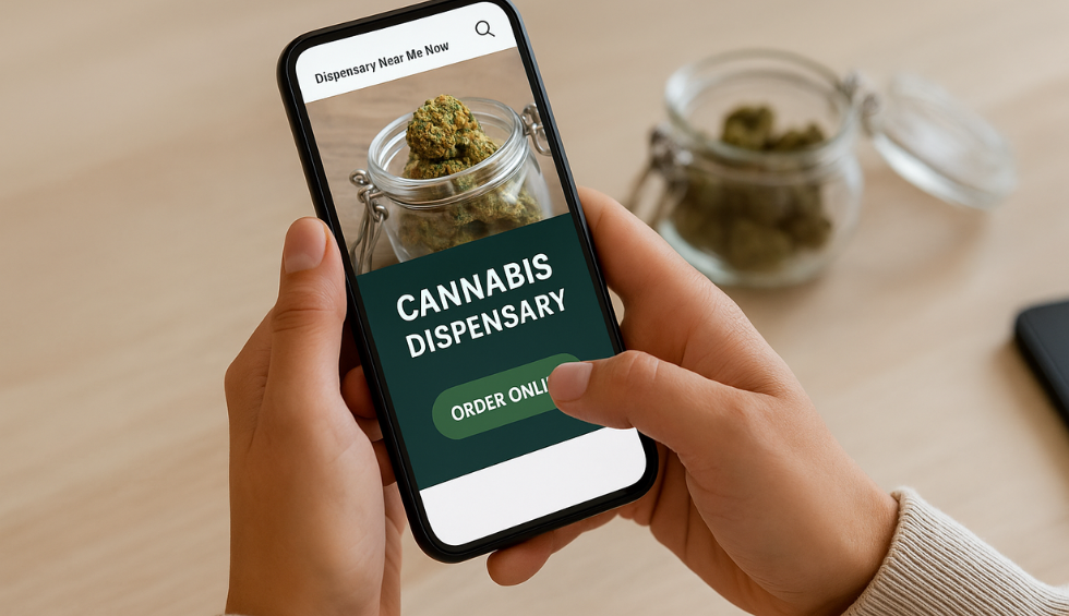 Person holding a smartphone showing a cannabis dispensary website with an “Order Online” button, ready to purchase