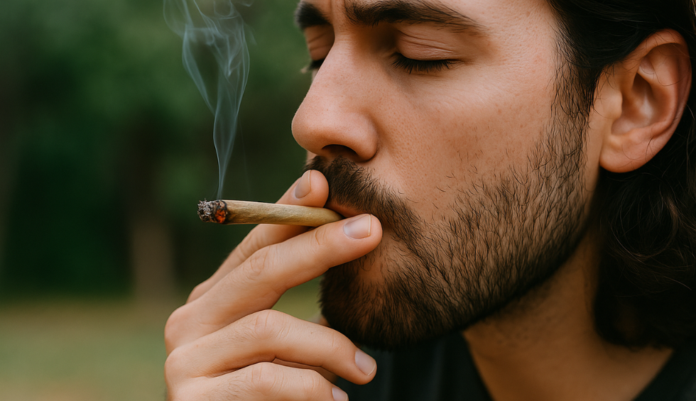 Man smoking a joint to experience Red Congolese strain effects
