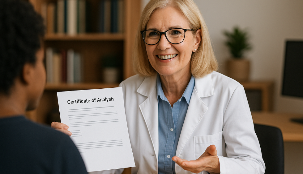 Smiling female doctor in a white coat showing a certificate of analysis to a patient, emphasizing quality and safety