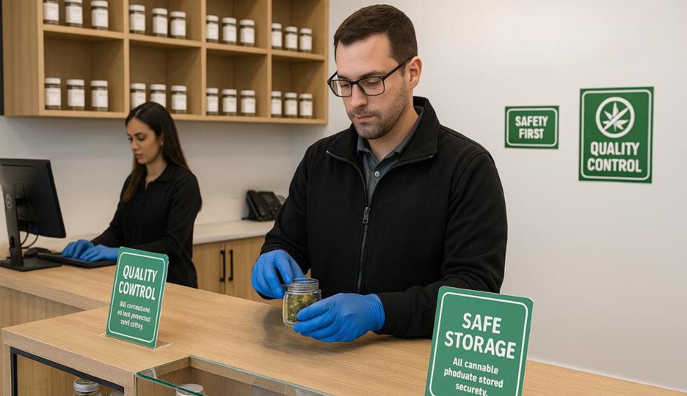 Man inspecting cannabis at dispensary counter with safe storage and quality control signs for safety assurance