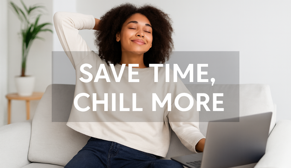 Woman relaxing on a couch with a laptop, smiling with eyes closed, and text overlay reading "Save Time, Chill More"