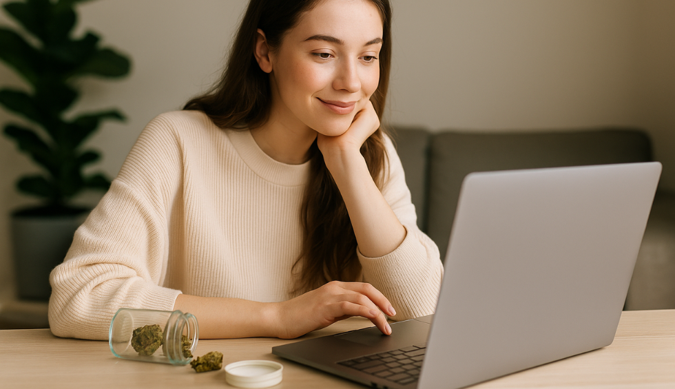 Woman browsing cannabis products online with a jar of buds nearby, considering buying Purple Gas Mask strain