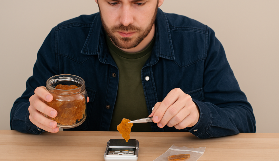 Man weighing cannabis concentrate from jar onto digital scale for portioning in Canada